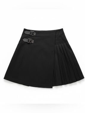 Burberry Black Pleated Wrap-Aline Skirt with Buckle Straps